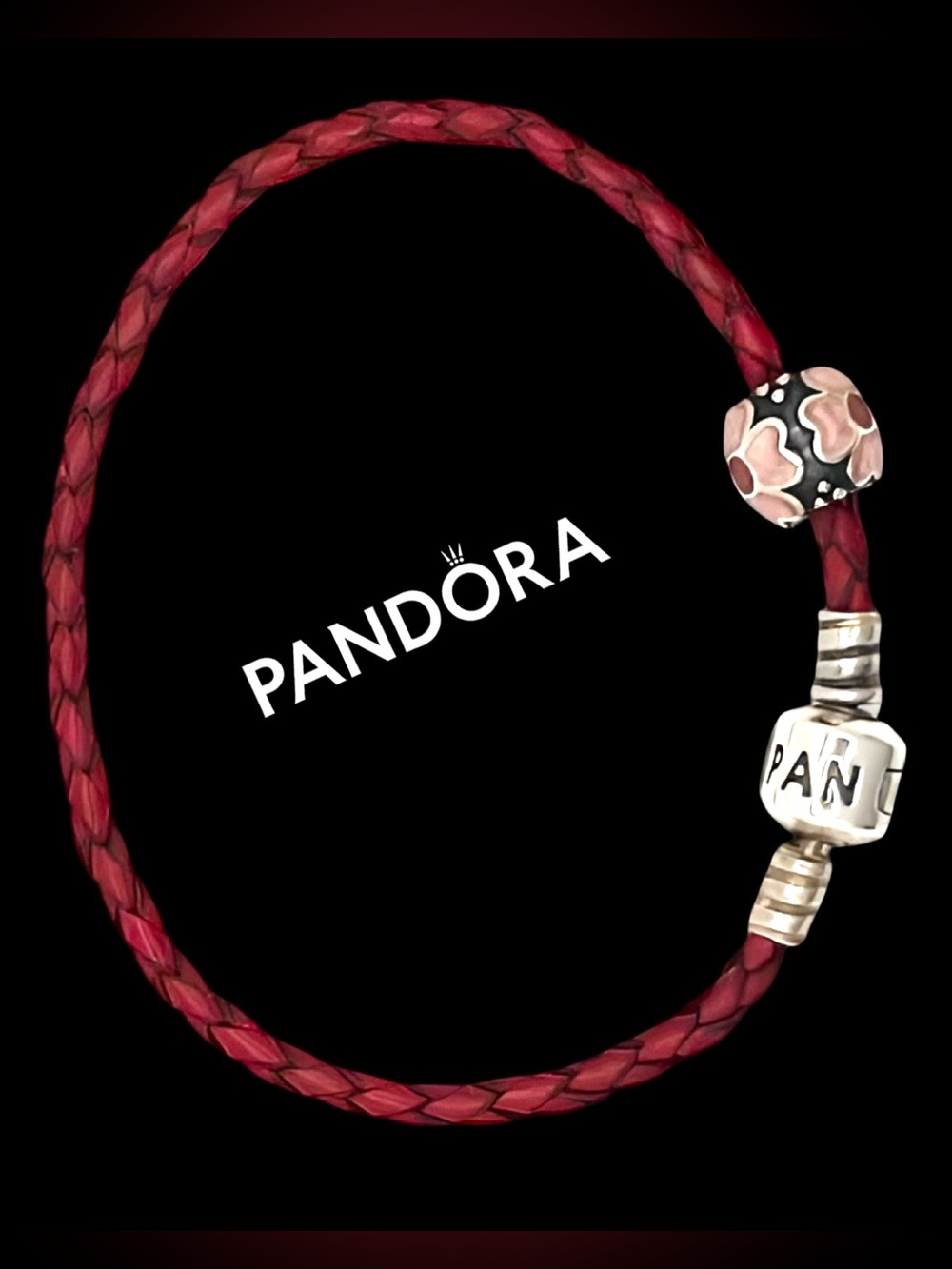Pandora Moments Dark Pink Burgundy Braided Leather Bracelet w/Flower Bead